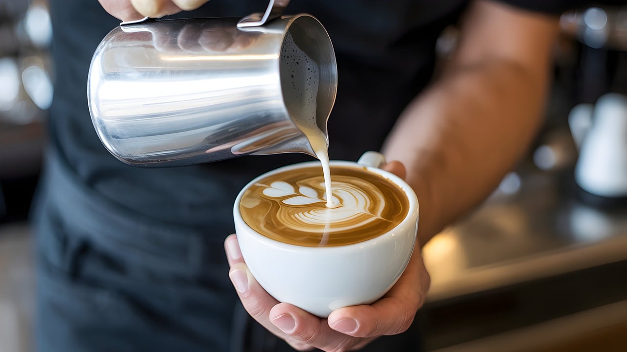 Photo de matériel de latte art à la maison : texturage du lait, machine espresso et tasse cappuccino